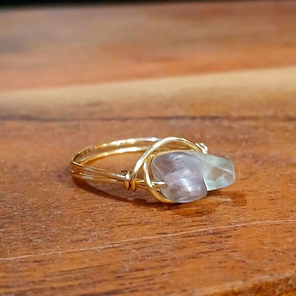 2 Piece Ring Set, Wire Wrapped, Rose Quartz & Fluorite, Size 7/9 - Picture 3 of 4